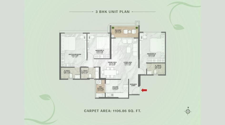Venkatesh-Vanaya-FLoor-Plan-3 BHK-1007 Sqft